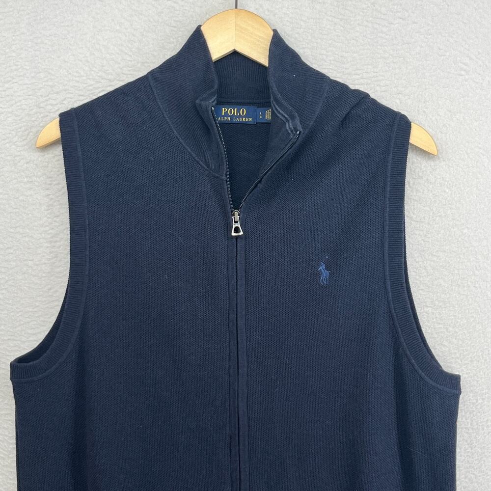 POLO RALPH LAUREN Sweater Vest Mens L Mesh Knit Cotton Full Zip Navy Blue - Picture 3 of 11